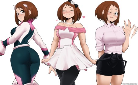 accessoire de cheveux,cheveux chatain,cheveux court,clin d'oeil,combinaison,cul,debout,echosaber,fille anime,jupe,multiples vues,my hero academia,noeud à cheveux,non-nude,ochako uraraka,oeil fermé,regarde derrière,short,sourire,super-héroïne,tire la langue,yeux fermés,yeux marron