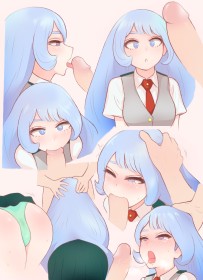 cheveux bleu,cravate,fellation,fille anime,léchage,multiples vues,my hero academia,nejire hado,oeil fermé,penis,shpo,super-héroïne,uniforme scolaire,yeux bleu