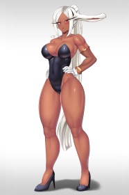 animal humanoid,white hair,cleavage,full body,thighs,standing,anime girls,rabbit girl,gloves,big tits,thick thighs,legs,leotard,hands on hips,miruko,my hero academia,non-nude,animal ears,long ears,dark skin,ponytail,superheroine,high heels,very long hair,red eyes