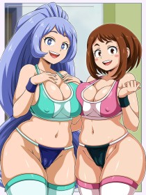 bas,cameltoe,cheveux bleu,cheveux chatain,cheveux court,cleavage,courbée,cuisses,culotte,debout,fille anime,gros seins,hanches larges,my hero academia,nejire hado,non-nude,ochako uraraka,seins asymétriques,seins pressés,sourire,soutif de sport,super-héroïne,très long cheveux,yeux bleu,yeux marron