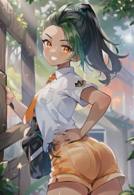 chemise,cheveux multicolores,cravate,cul,fille anime,ia art,main sur la hanche,nemona (pokemon),nintendo,non-nude,pokemon,queue de cheval,regarde derrière,short,sourire