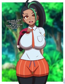 cheveux brun,cheveux en antenne,cheveux multicolores,cravate,debout,fille anime,gros seins,nemona (pokemon),nintendo,non-nude,peau foncée,pokemon,queue de cheval,short,sourire,texte,yeux orange