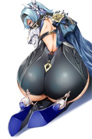 à quatre pattes,accessoire de cheveux,bandeau,cape,cheveux bleu,cul,eula (genshin impact),fille anime,genshin impact,gros cul,leotard,non-nude,talon aiguille