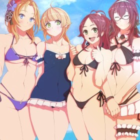 4 filles,à la plage,accessoire de cheveux,ahoge,aisha greyrat,bikini,broche en fleur,cheveux blond,cheveux en antenne,cheveux rouge,cleavage,debout,dehors,fille anime,frange,groupe de filles,lillia greyrat,lunette,maillot de bain,mère et fille,mushoku tensei,non-nude,norn greyrat,pouce levé,sourire,yeux bleu,yeux vert,zenith greyrat