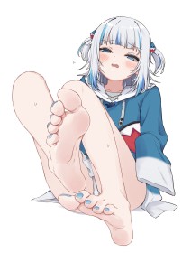 hair ornament,sitting,multicolored hair,panties,sharp teeth,toes,foot fetish,anime girls,bangs,gawr gura,sweatdrop,hololive,non-nude,feet,barefoot,soles,blush,toenail polish