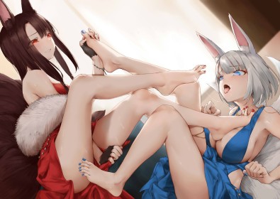 2 girls,akagi (azur lane),animal humanoid,azur lane,silver hair,brown hair,short hair,thighs,toes,anime girls,fox girl,bangs,big tits,multiple girls,legs,kaga (azur lane),lesbian,animal ears,feet,barefoot,tail,dress,saliva,smile,licking foot,on back,tongue out,saliva trail,toenail polish,blue eyes,red eyes,yuri