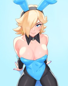 assis,bandeau,cheveux blond,cleavage,collant,costume de lapin,fausses oreilles animaux,fille anime,gros seins,leotard,mario (series),nintendo,non-nude,oeil caché,princesse,princesse rosalina,sourire