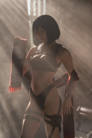 attaque des titans,caucasien,cheveux brun,cleavage,cosplay,culotte,debout,écharpe,femme,mèche entre les yeux,michi kyunn,mikasa ackerman,sangle de cuisse,seins moyens,soutif