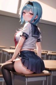 assis,bandeau,bas,bas de lingerie,cheveux bleu,courbée,cuisses,eula (genshin impact),fille anime,genshin impact,ia art,jupe,mini jupe,non-nude,regarde derrière,rougeur,salle de classe,uniforme scolaire