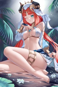 sitting,red hair,horns,full body,twintails,toes,anime girls,bangs,genshin impact,crop top,legs,skirt,nilou (genshin impact),non-nude,one eye closed,feet,barefoot,medium tits,tongue out,very long hair,nail polish,toenail polish,aqua eyes