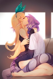 2 girls,head wings,sitting,sitting on person,hairband,couch,blonde hair,purple hair,anime girls,multiple girls,legs,nijisanji,non-nude,pointy ears,feet,barefoot,pomu rainpuff,tail,ponytail,selen tatsuki,nail polish,toenail polish,closed eyes,yuri