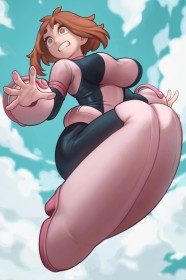 cheveux chatain,cheveux court,combinaison,dans les airs,dehors,dents serrées,fille anime,my hero academia,non-nude,ochako uraraka,super-héroïne,yeux marron