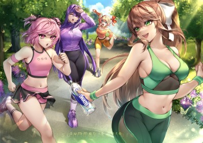 4 filles,accessoire de cheveux,barrette,cheveux chatain,cheveux court,cheveux rose,cheveux violet,cleavage,dehors,doki doki literature club,fille anime,gros seins,groupe de filles,habits de sport,haut court,mèche entre les yeux,monika (doki doki literature club),natsuki (doki doki literature club),noeud à cheveux,non-nude,oeil fermé,pantalon,petits seins,ruban à cheveux,sayori (doki doki literature club),short,sourire,très long cheveux,yeux bleu,yeux rose,yeux vert,yeux violet,yuri (doki doki literature club)