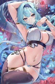 aisselle,bandeau,bas,cheveux bleu,cleavage,cuisses,culotte,eula (genshin impact),fille anime,genshin impact,gros seins,habits transparents,hanches larges,haut court,non-nude,pétales,sideboob,voile,yeux multicolores