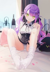 hair ornament,sitting,hairclip,suspenders,socks,multicolored hair,purple hair,full body,twintails,thighs,panties,demon,anime girls,demon girl,bangs,hololive,legs,skirt,miniskirt,bowtie,non-nude,smell,feet,piercing,tail,blush,thigh strap,smile,tokoyami towa,nail polish,green eyes