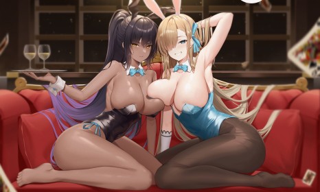 2 filles,aisselle,asuna (blue archive),blue archive,canape,cheveux blond,cheveux brun,cheveux multicolores,cheveux violet,cleavage,collant,corps entier,costume de lapin,doigts de pied,fausses oreilles animaux,fille anime,frange,gros seins,grosses cuisses,groupe de filles,habits brillants,jambes,karin (blue archive),leotard,noeud papillon,non-nude,oeil caché,peau foncée,pieds,pieds nus,queue de cheval,seins asymétriques,seins pressés,sideboob,sourire,très long cheveux,yeux bleu,yeux jaune,yeux marron