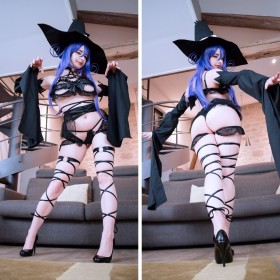 blair,canape,caucasien,cheveux bleu,corps entier,cosplay,cul,culotte,debout,femme,jambes,mikomi hokina,multiples vues,pose griffure,regarde derrière,soul eater,soutif,string,talon aiguille