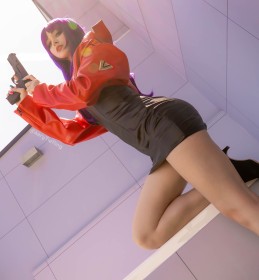 aery tiefling,weapon,caucasian,purple hair,cosplay,thighs,standing,women,misato katsuragi,neon genesis evangelion,gun,looking down,dress,high heels,nail polish,jacket