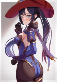 chapeau,cheveux brun,collant,couette,cul,debout,fille anime,gants,genshin impact,leotard,mona (genshin impact),non-nude,regarde derrière,rougeur,seins moyens,sideboob,yeux bleu