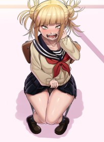 assis,chaussettes,chaussure,cheveux blond,cheveux court,chignon,crocs,cuisses,culotte,double chignon,fille anime,frange,grosses cuisses,himiko toga,jupe,jupe soulevée,mini jupe,my hero academia,non-nude,rougeur,sourire,uniforme scolaire,yeux jaune