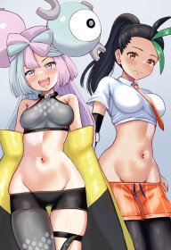 2 filles,accessoire de cheveux,cheveux brun,cheveux multicolores,collant,cravate,debout,dents pointues,fille anime,groupe de filles,haut court,iono (pokemon),nemona (pokemon),nintendo,non-nude,pokemon,queue de cheval,rougeur,sangle de cuisse,seins moyens,short,sourire,très long cheveux,veste