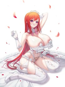 aisselle,aréoles débordantes,assis,bas,bas de lingerie,bras levés,cheveux rouge,cleavage,fille anime,gants,gros seins,hongryeon (last origin),jarretelles,last origin,noeud papillon,non-nude,pétales,seins énormes,sourire,talon aiguille,tiare,très long cheveux,yeux violet