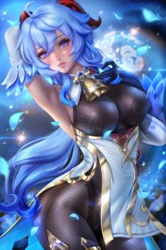 ahoge,aisselle,art digital,background bleu,bodystocking,cheveux bleu,collier,collier à cloche,cornes,debout,fille anime,gants,gants de coude,ganyu (genshin impact),genshin impact,mèche entre les yeux,non-nude,pétales,yeux violet