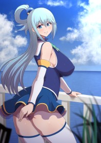 accessoire de cheveux,aqua (konosuba),bas,boules à cheveux,cheveux bleu,cuisses,cul,gros seins,grosses cuisses,konosuba,mèche entre les yeux,mini jupe,non-nude,queue de cheval,rougeur,yeux bleu