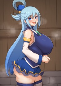 accessoire de cheveux,aqua (konosuba),boules à cheveux,cheveux bleu,debout,fille anime,gros seins,grosses cuisses,jupe,konosuba,mèche entre les yeux,mini jupe,non-nude,seins énormes,sourire,très long cheveux,yeux bleu