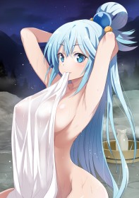 accessoire de cheveux,aisselle,aqua (konosuba),bain,bains publics,boules à cheveux,bras levés,cheveux bleu,dehors,gros seins,konosuba,mèche entre les yeux,mouillée,non-nude,rougeur,serviette,très long cheveux,yeux bleu