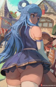 accessoire de cheveux,aqua (konosuba),bas,bas de lingerie,boules à cheveux,cheveux bleu,cuisses,cul,debout,fille anime,gants,gants de coude,gros cul,grosses cuisses,jupe,konosuba,mèche entre les yeux,mini jupe,miraihikari,non-nude,sans culotte,sourire,très long cheveux,yeux bleu