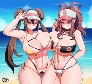 2 filles,à la plage,bikini,casquette,cheveux chatain,chignon,choker,cleavage,couette,courbée,cuisses,dehors,double chignon,fille anime,gros seins,grosses cuisses,groupe de filles,hanches larges,hilda (pokemon),nintendo,non-nude,pokemon,queue de cheval,rosa (pokemon),rougeur,seins asymétriques,seins énormes,seins pressés,sourire,v,yeux bleu