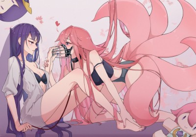 2 girls,all fours,animal humanoid,sitting,pink hair,purple hair,cleavage,collar,toes,dominant female,submissive female,anime girls,fox girl,genshin impact,sweatdrop,multiple girls,crop top,legs,leash,multiple tails,non-nude,feet,barefoot,tail,raiden shogun,blush,medium tits,shorts,submission,bra,very long hair,nail polish,toenail polish,yae miko,purple eyes,yuri