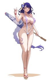 hair ornament,areola slip,bikini,sling bikini,hair flower,purple hair,cleavage,full body,thighs,standing,toes,anime girls,genshin impact,big tits,legs,non-nude,feet,ponytail,raiden shogun,sandals,tattoo,very long hair,braid,nail polish,toenail polish