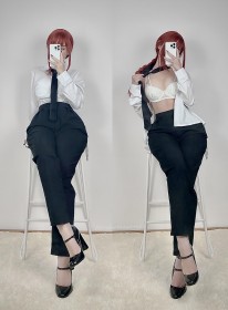 sitting,caucasian,chainsaw man,shirt,red hair,cosplay,necktie,epicinternetgf,women,bangs,makima,multiple views,office lady,pants,ponytail,selfshot,bra,high heels,braid