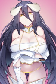 ahoge,ailes,albedo (overlord),cheveux brun,cleavage,cornes,cuisses,culotte,demon,fille anime,fille demon,gants,gros seins,mèche entre les yeux,non-nude,overlord,sourire,succube,très long cheveux,yeux jaune