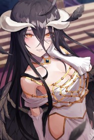 ahoge,ailes,albedo (overlord),cheveux brun,cleavage,cornes,demon,fille demon,gants,gants de coude,gros seins,mèche entre les yeux,non-nude,overlord,robe,succube,très long cheveux,yeux jaune