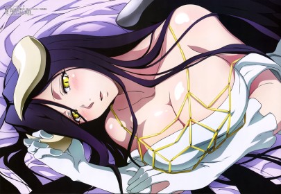 ailes,albedo (overlord),cheveux brun,cleavage,cornes,demon,fille demon,gants,gants de coude,gros seins,mèche entre les yeux,non-nude,overlord,rougeur,seins énormes,succube,sur le coté,très long cheveux,yeux jaune