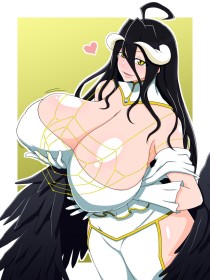 ahoge,ailes,albedo (overlord),cheveux brun,cleavage,cornes,courbée,debout,demon,fille anime,fille demon,gants,gros seins,mèche entre les yeux,non-nude,overlord,robe,seins énormes,sourire,succube,très long cheveux,yeux vert