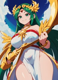 cheveux vert,courbée,couronne,debout,fille anime,gros seins,grosses cuisses,hanches larges,ia art,kid icarus,nintendo,non-nude,palutena,regarde en bas,robe,sourire,très long cheveux,yeux vert