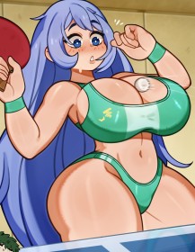 bikini,cheveux bleu,cleavage,courbée,fille anime,goutte de sueur,gros seins,grosses cuisses,habits de sport,hanches larges,my hero academia,nejire hado,non-nude,rougeur,seins énormes,soutif de sport,super-héroïne,tennis de table,très long cheveux,yeux bleu