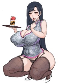 thighhighs,black hair,cleavage,thighs,panties,final fantasy (series),final fantasy vii,big tits,thick thighs,chinese clothes,garter straps,non-nude,dress,huge tits,squatting,high heels,tifa lockhart,tongue out,peace sign,red eyes