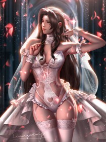 accessoire de cheveux,aerith gainsborough,aisselle,bas,bas de lingerie,cheveux chatain,cleavage,culotte,debout,fille anime,final fantasy (series),final fantasy vii,habits transparents,jarretelles,leotard,liang xing,lingerie,mariée,non-nude,pétales,robe,ruban à cheveux,seins moyens,soutif,thigh gap,très long cheveux,tresse,vernis mains,voile,yeux fermés