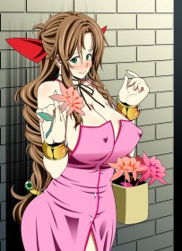 accessoire de cheveux,aerith gainsborough,cheveux chatain,cleavage,courbée,debout,fille anime,final fantasy (series),final fantasy vii,gros seins,hanches larges,non-nude,queue de cheval,robe,rougeur,ruban à cheveux,seins énormes,sourire,yeux vert