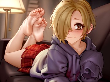 couch,blonde hair,short hair,toes,anime girls,idolmaster,skirt,kairunoburogu,miniskirt,non-nude,hair over one eye,feet,barefoot,soles,blush,shirasaka koume,smile,on stomach,nail polish,toenail polish