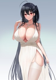 ahoge,azur lane,bas,bas de lingerie,cheveux brun,cleavage,debout,fille anime,gros seins,hanches larges,jarretelles,mèche entre les yeux,non-nude,robe,rougeur,seins énormes,sourire,taihou (azur lane),très long cheveux,yeux rouge