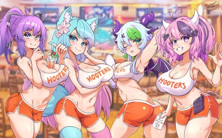 4 filles,ailes,animal humanoide,cheveux bleu,cheveux multicolores,cheveux rose,cheveux violet,cleavage,cornes,couette,cuisses,cul,debardeur,demon,fille anime,fille demon,fille loup,froot,gros seins,grosses cuisses,groupe de filles,hooters,ironmouse,melody (projektmelody),non-nude,oeil fermé,oreilles animaux,projektmelody,queue de cheval,rougeur,short,silvervale,sourire,vshojo,yeux bleu,yeux violet