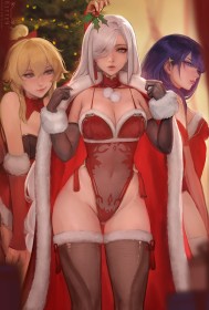 3 filles,bas,cheveux blanc,cheveux blond,cheveux violet,cleavage,cuisses,fille anime,gants,gants de coude,genshin impact,groupe de filles,hanches larges,jean gunnhildr,leotard,lingerie,noel,non-nude,raiden shogun,rougeur,seins moyens,shenhe (genshin impact),sourire,visage coquin