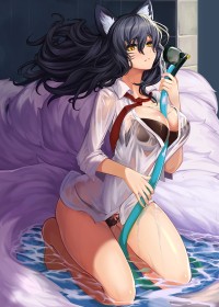 à genou,ahri,animal humanoide,cheveux brun,cleavage,corps entier,cuisses,culotte,entre les seins,fille anime,fille renard,gros seins,habits transparents,league of legends,marque au visage,mouillée,multiples queues,non-nude,oreilles animaux,queue,soutif,yeux jaune