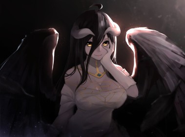 ahoge,ailes,albedo (overlord),cheveux brun,cleavage,cornes,demon,fille anime,fille demon,gants,gros seins,mèche entre les yeux,non-nude,overlord,sourire,succube,yeux jaune